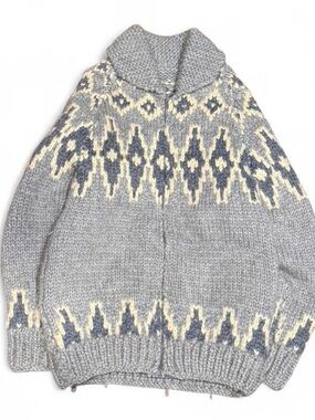 Vintage 70s Cowichan Hand Knit Aztec Wool Zip Up Sweater